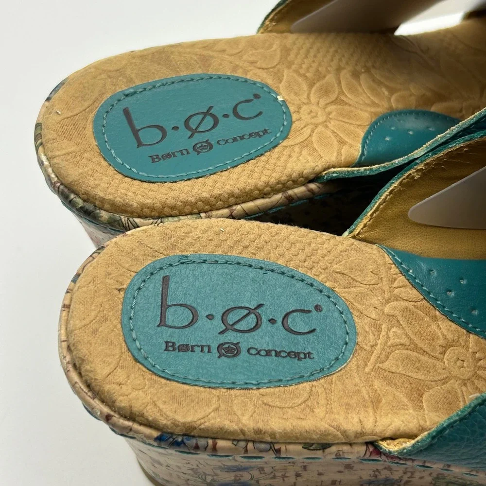 b.o.c. Wedge Sandals Womens 9 Teal Floral Cork Platform Mules C42613 Boho Summer